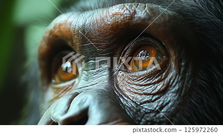 Primate eyes extreme closeup showing amber iris detail, wildlife conservation and endangered species concept, connection with nature 125972260