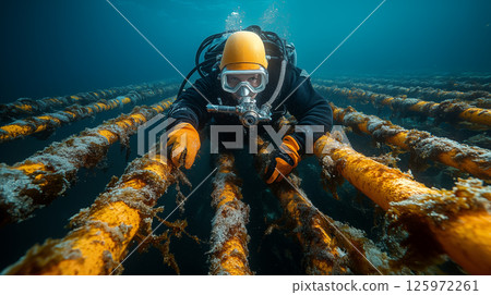 Professional diver inspecting underwater pipeline infrastructure in deep blue sea. Concept of industrial maintenance, marine engineering, and underwater exploration 125972261