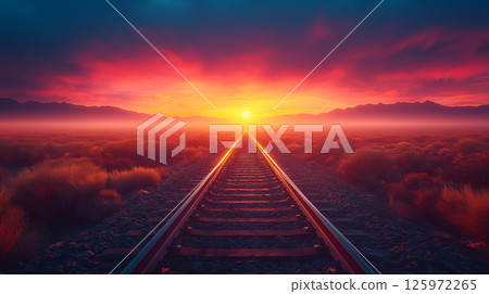 Railroad tracks leading to sunset over mountains with golden light reflecting on rails, journey and destination concept 125972265