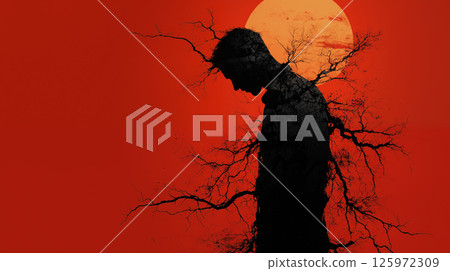 Silhouette of depressed person against red sunset with dark branches growing through figure, representing mental health struggle 125972309