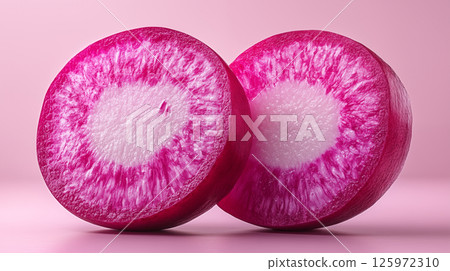 Sliced watermelon radish showing vibrant pink rings against matching pastel pink background. Concept of organic vegetable photography for healthy eating and culinary decoration 125972310