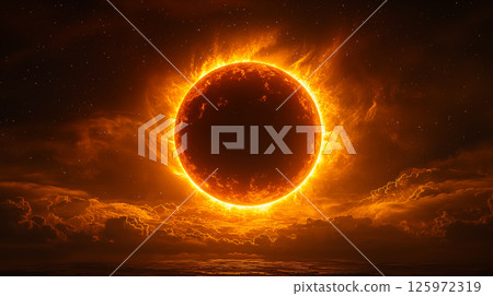 Spectacular solar eclipse glowing above dramatic cloud formations against starry sky. Concept of astronomical phenomenon, cosmic energy, and natural spectacle for educational projects. 125972319