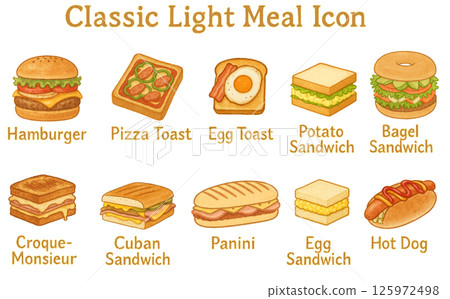 Loosely drawn AI illustrations | Snack menu icon set including bread, sandwiches, hamburgers, etc. Loosely drawn AI illustrations | Snack menu icon set including bread, sandwiches, hamburgers, etc. 125972498