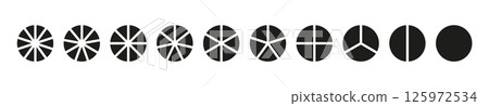 Set of pie, pizza charts. Circle division on from 1 to 10 equal parts. Segmented black charts. Many number of sectors divide the circle. Segments infographic collection. Diagram wheel parts. Set of pie, pizza charts. Circle division on from 1 to 10 equal parts. Segmented black charts. Many number of sectors divide the circle. Segments infographic collection. Diagram wheel parts. 125972534