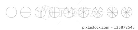 Circle division on from 1 to 9 equal parts. Round divided diagrams with from one to nine segments. Set of infographic icon. Coaching blank. Pizza, pie chart. Segmented pinwheel black. Outline graphics 125972543