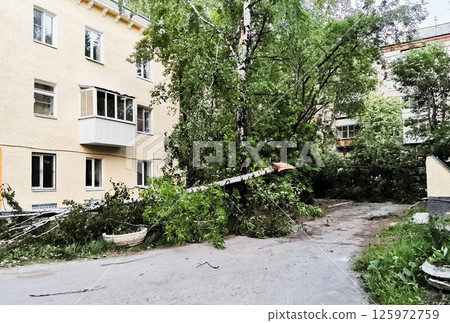 Residential courtyard after May 2020 thunderstorm in Yekaterinburg, Russia. Residential courtyard after May 2020 thunderstorm in Yekaterinburg, Russia. 125972759