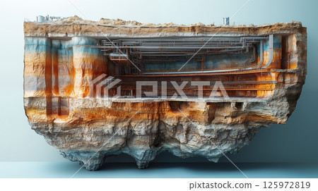 Underground industrial pipeline infrastructure revealed in geological cross-section. Detailed view of subterranean engineering networks for industrial applications 125972819