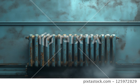 Vintage radiator emitting steam against teal wall in abandoned building, concept of heating system and industrial interior design element 125972829