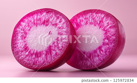 Watermelon radish slices displaying vibrant pink and white circular pattern against pink background. Concept of organic vegetables, fresh ingredients, and plant-based nutrition 125972834