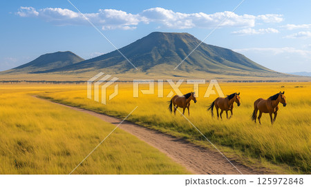 Wild horses running through golden savanna grassland with mountain backdrop, African safari wildlife landscape under blue sky with clouds 125972848