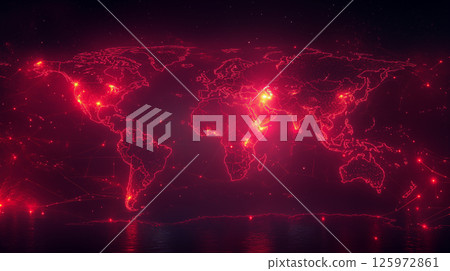 World map glowing with red network connections, global technology concept showing digital data flow and communication across continents 125972861