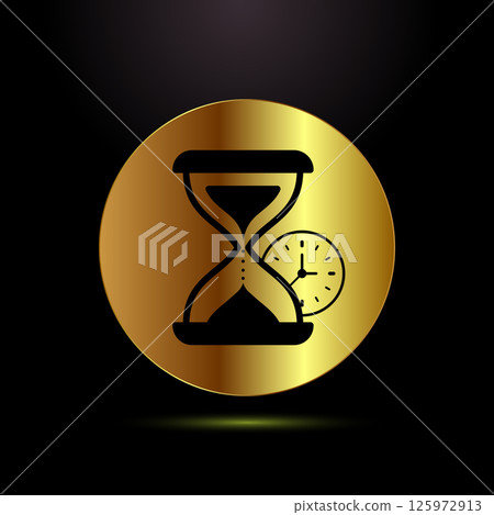 Sand clock icon design illustration. Hourglass symbol, Time measuring sign in gold color style Sand clock icon design illustration. Hourglass symbol, Time measuring sign in gold color style 125972913