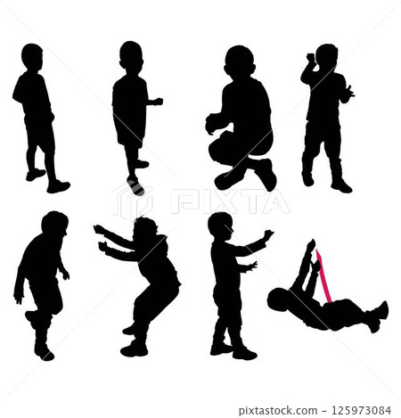 Silhouettes of a child walking playing and sitting 125973084