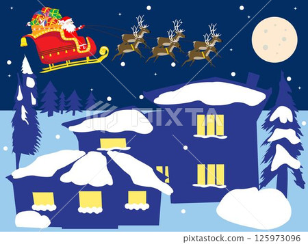 Beautifull winter landscape with Santa Claus sledge over houses 125973096