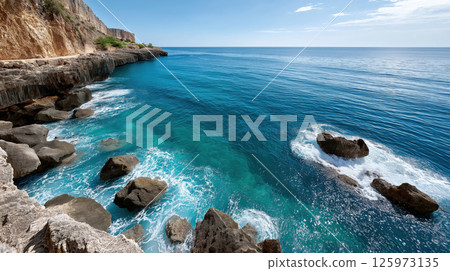 Rocky coastline with turquoise sea under clear sky 125973135
