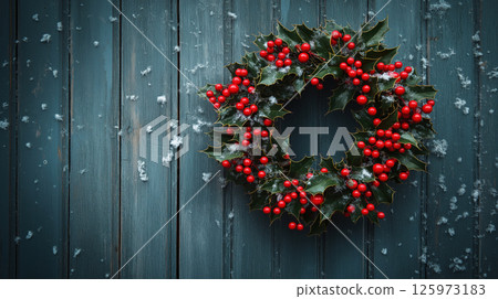 Holly wreath with red berries hanging on snowy wooden wall Holly wreath with red berries hanging on snowy wooden wall 125973183