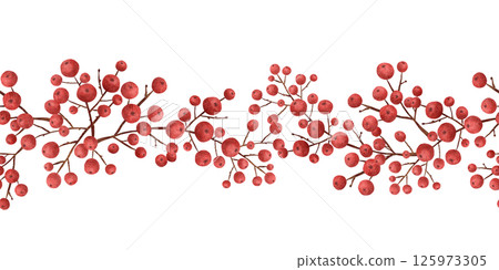 Seamless border with Christmas red holly berries, a handmade digital illustration highlighted on a white background. An element for the design 125973305