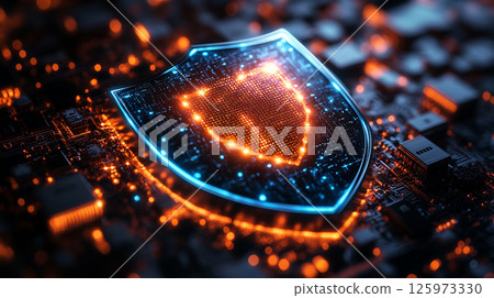 Digital security shield glowing on computer circuit board, cybersecurity protection concept for data privacy and information protection Digital security shield glowing on computer circuit board, cybersecurity protection concept for data privacy and information protection 125973330
