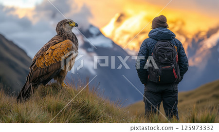 Eagle perched beside hiker watching mountain sunset, wildlife adventure tourism concept for outdoor exploration and nature conservation 125973332