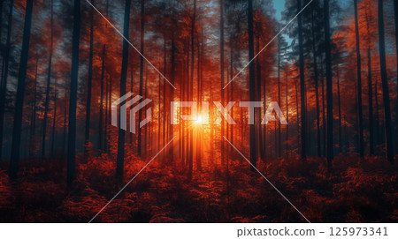 Forest with sunlight glowing through tall trees at sunset, mystical autumn woodland with red foliage and dramatic illumination Forest with sunlight glowing through tall trees at sunset, mystical autumn woodland with red foliage and dramatic illumination 125973341