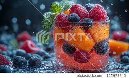 Fruit cocktail with berries and orange slices in sparkling water, refreshing summer beverage with fresh ingredients for healthy lifestyle 125973343