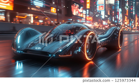 Futuristic concept car speeding through neon city at night, illuminated with glowing blue lights and orange accents on reflective street surface 125973344