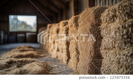 Hay bales stacked in rustic barn interior creating agricultural pattern, farming storage concept Hay bales stacked in rustic barn interior creating agricultural pattern, farming storage concept 125973356