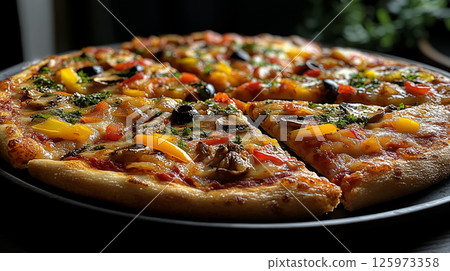 Homemade pizza with fresh vegetables creating gourmet culinary experience 125973358