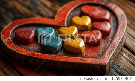 Wooden heart box with colorful decorative hearts, handmade craft concept 125973407