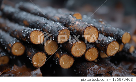 Wooden logs stacked with raindrops, natural resource harvesting concept 125973408