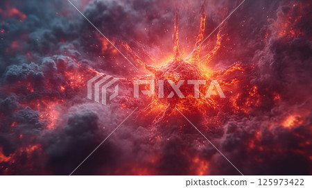 Cosmic explosion erupting in dark clouds with glowing energy particles, abstract space visualization for scientific concept 125973422