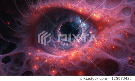 Cosmic eye illustration with glowing red details against black background, abstract digital visualization for astronomy and space concepts 125973423