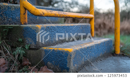 Concrete steps with yellow metal handrail outdoors in park, weathered public stairway with blue paint and moss 125973453