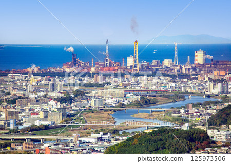 View of Oita city area, Beppu Bay, and Kunisaki Peninsula 125973506