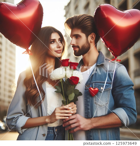 A romantic couple enjoys a sunny city stroll, holding heart-shaped balloons and a bouquet of roses, symbolizing love and affection 125973649