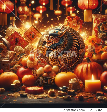 A vibrant still life celebrating Chinese New Year, featuring a dragon statue, lanterns, fruit, and auspicious symbols 125973650