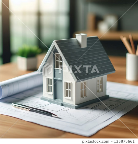 A model house sits on architectural blueprints, alongside a pen, signifying home design and construction planning 125973661