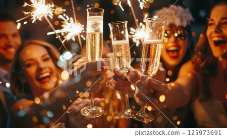 Friends celebrate New Year's Eve with sparkling wine and sparklers, toasting to the new year Friends celebrate New Year's Eve with sparkling wine and sparklers, toasting to the new year 125973691
