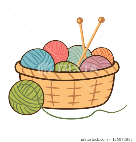 Basket with balls of yarn in different colors Hand drawn Flat style 125973893