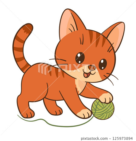 Kitten playing with ball of yarn. Cute ginger tabby kitten in Flat style Chibi cat Kitten playing with ball of yarn. Cute ginger tabby kitten in Flat style Chibi cat 125973894