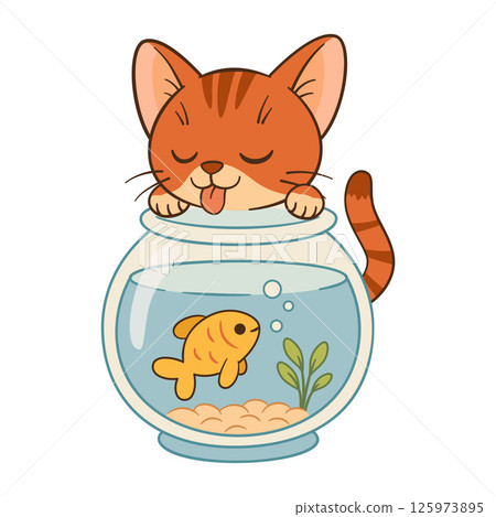 Cute ginger tabby cat curiously looks at goldfish inside the aquarium. 125973895