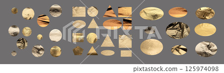 Geometric shapes, including circles, triangles, rectangles, and ovals, in gold and metallic finishes Geometric shapes, including circles, triangles, rectangles, and ovals, in gold and metallic finishes 125974098