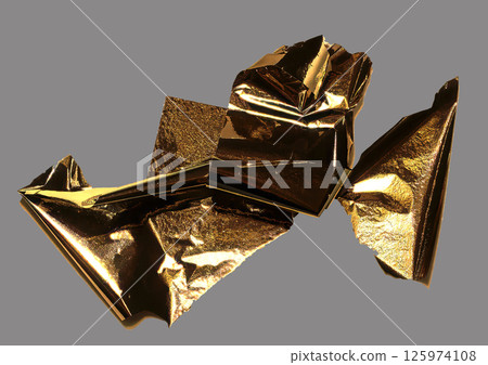 Gold foil folded into sharp, angular, geometric shapes creates a modern, abstract design. Shiny, 125974108