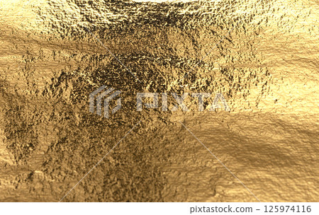 Gold foil texture with a shiny, reflective surface. Dark, crumpled patch and abstract wrinkles Gold foil texture with a shiny, reflective surface. Dark, crumpled patch and abstract wrinkles 125974116