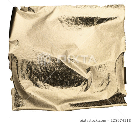 Gold foil texture with crinkled, wrinkled edges and shiny metallic surface. Reflective luxury 125974118