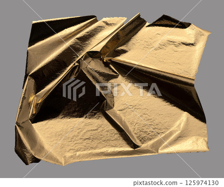 Gold foil with crumpled, shiny texture creates a reflective, metallic surface. Torn and folded edges 125974130