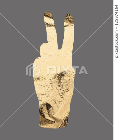 Golden foil hand gesture in a "V" sign, symbolizing victory and peace. The raised fingers represent 125974164