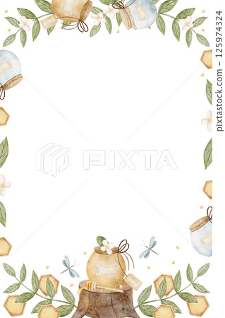 Frame watercolor illustration jar, honey pot, honeycomb in chamomile flowers, leaves, dragonfly. Hand drawn illustration childish template vertical for design postcard, product label, food, place text 125974324