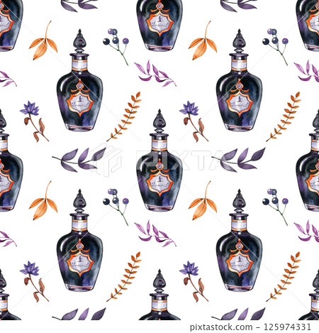 Seamless pattern of a glass vintage bottle with a drink and poisonous. Watercolor template for magic potion, drinks, Halloween, medicine, fairytale dreams, aromatherapy Seamless pattern of a glass vintage bottle with a drink and poisonous. Watercolor template for magic potion, drinks, Halloween, medicine, fairytale dreams, aromatherapy 125974331