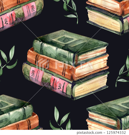 Seamless pattern with watercolor old books. Repeat ornament isolated on background. Open and stack of books clipart brown green colors. Vintage old textbooks hand drawn Seamless pattern with watercolor old books. Repeat ornament isolated on background. Open and stack of books clipart brown green colors. Vintage old textbooks hand drawn 125974332